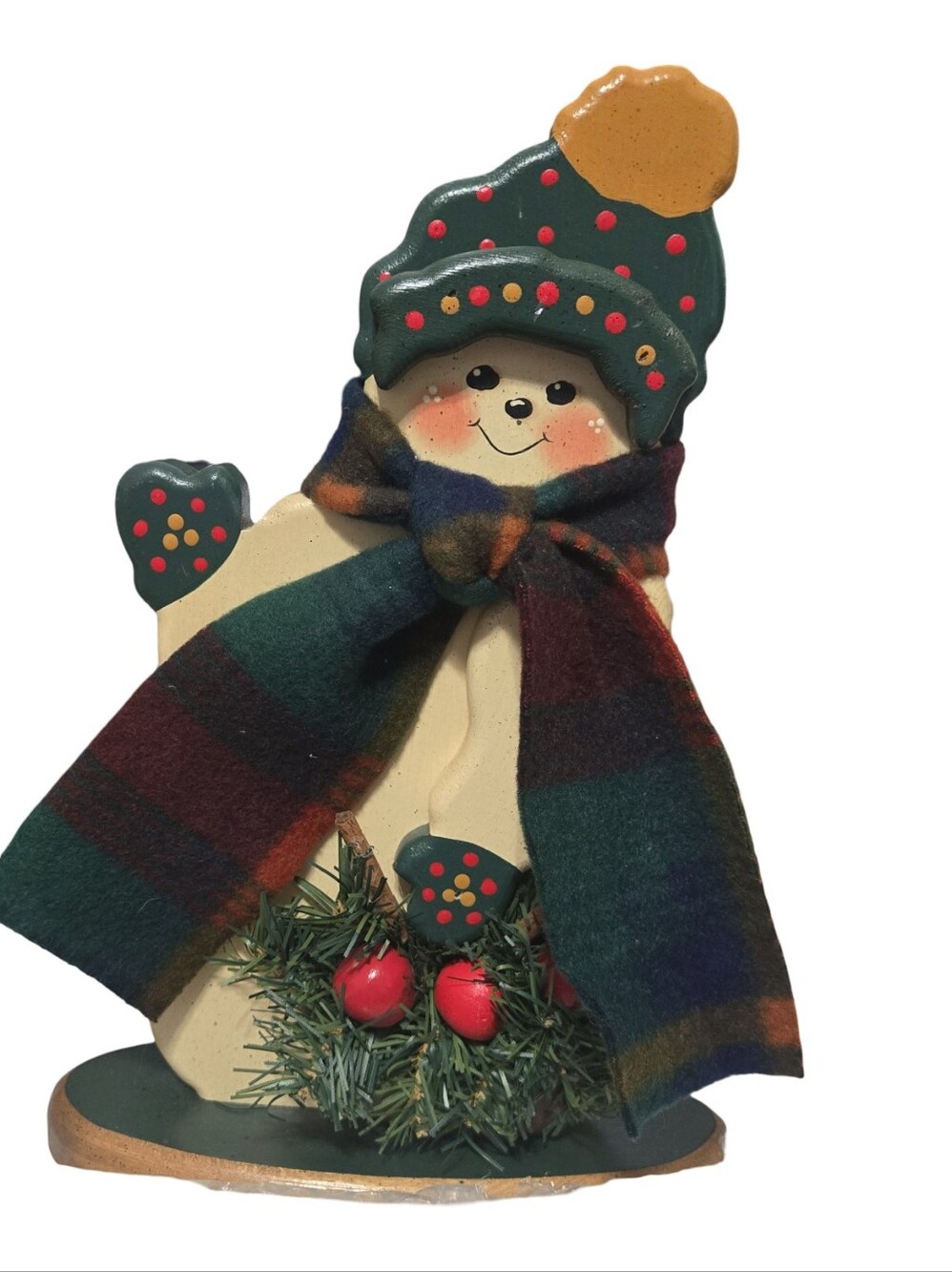 Snowman Handmade Vintage Figure Accessory with Green Hat and Multicolor Scarf